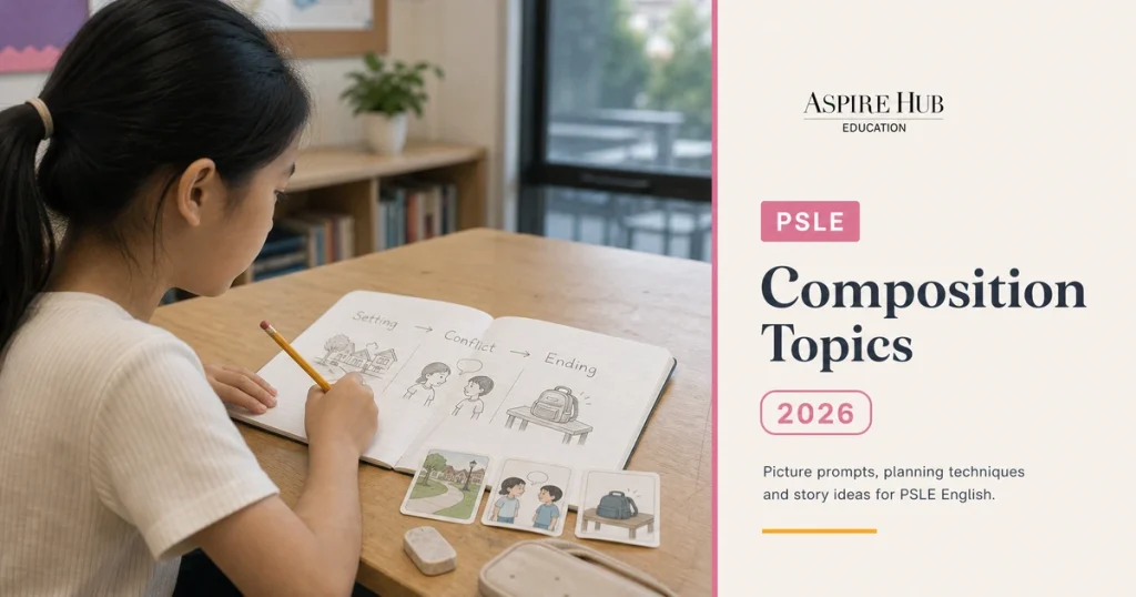 Pupil planning a story using PSLE English composition topics and picture prompts