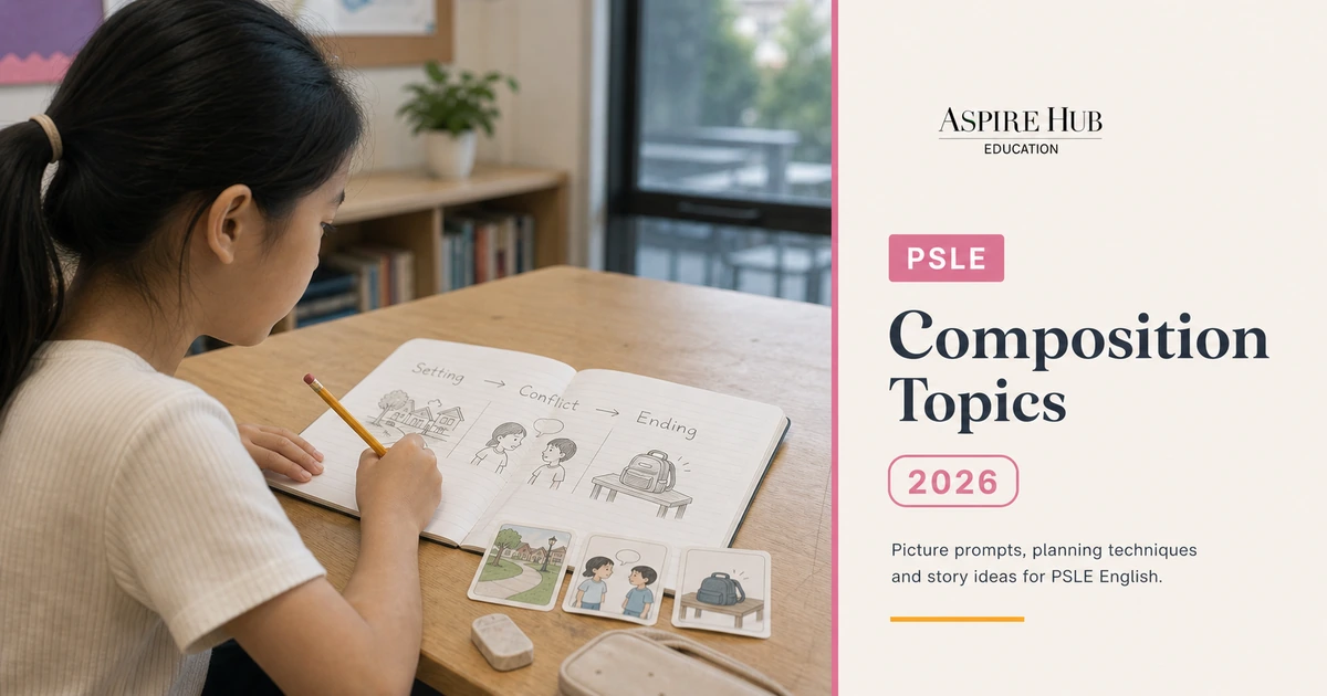 Pupil planning a story using PSLE English composition topics and picture prompts